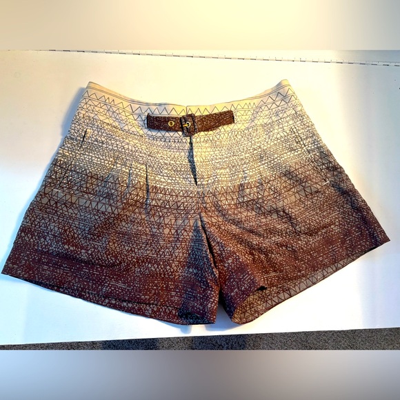 ANTHROPOLOGIE Shorts Coquille Scribble Brown Gold Accents Women's Linen Blend 6 - Picture 1 of 9